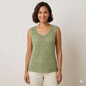 Chances R Green Sleeveless Top Sparkles Scalloped Edge Stretch Knit Large